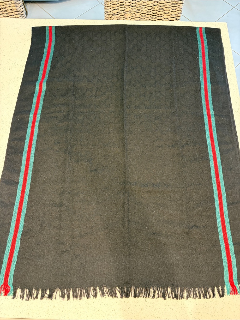 Gucci Black Scarf with Red and green Stripe Detail. Tag missing.